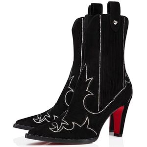 Christian Louboutin Santigag Strass 85 Black Suede Western Ankle Heel Boot 40